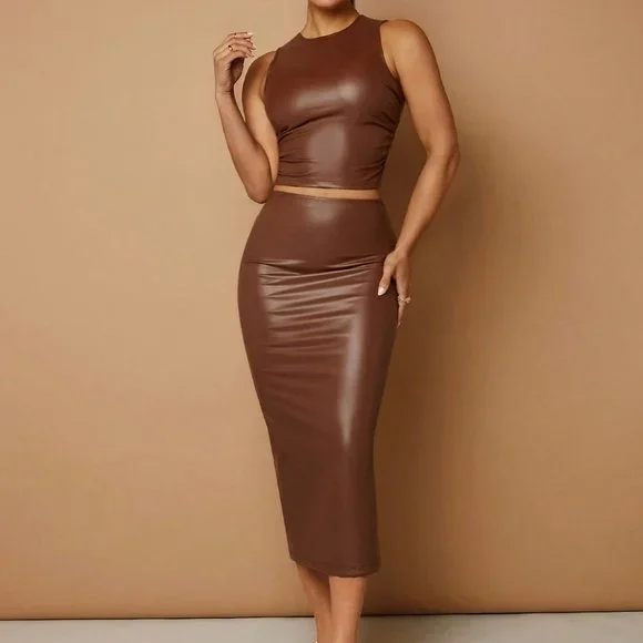 Brown Casual Womens Solid PU Leather Tank Top & Pencil Skirt - Picture 5 of 6
